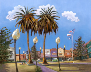 Highlighting Arcata Plaza by Beverly Harper, Limited Edition print from original oil painting.